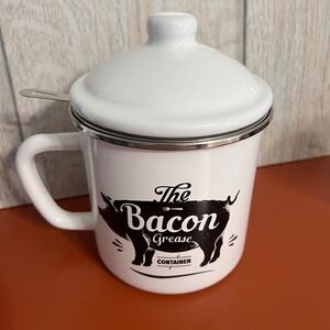 White Enamel Bacon Grease Container with Strainer and Lid Farmhouse Pig Design